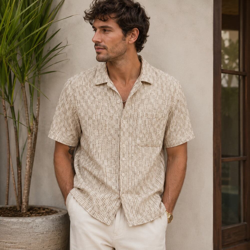 The Stronghold Sz L Textured White Brown Checked Short Sleeve Shirt Casual Top